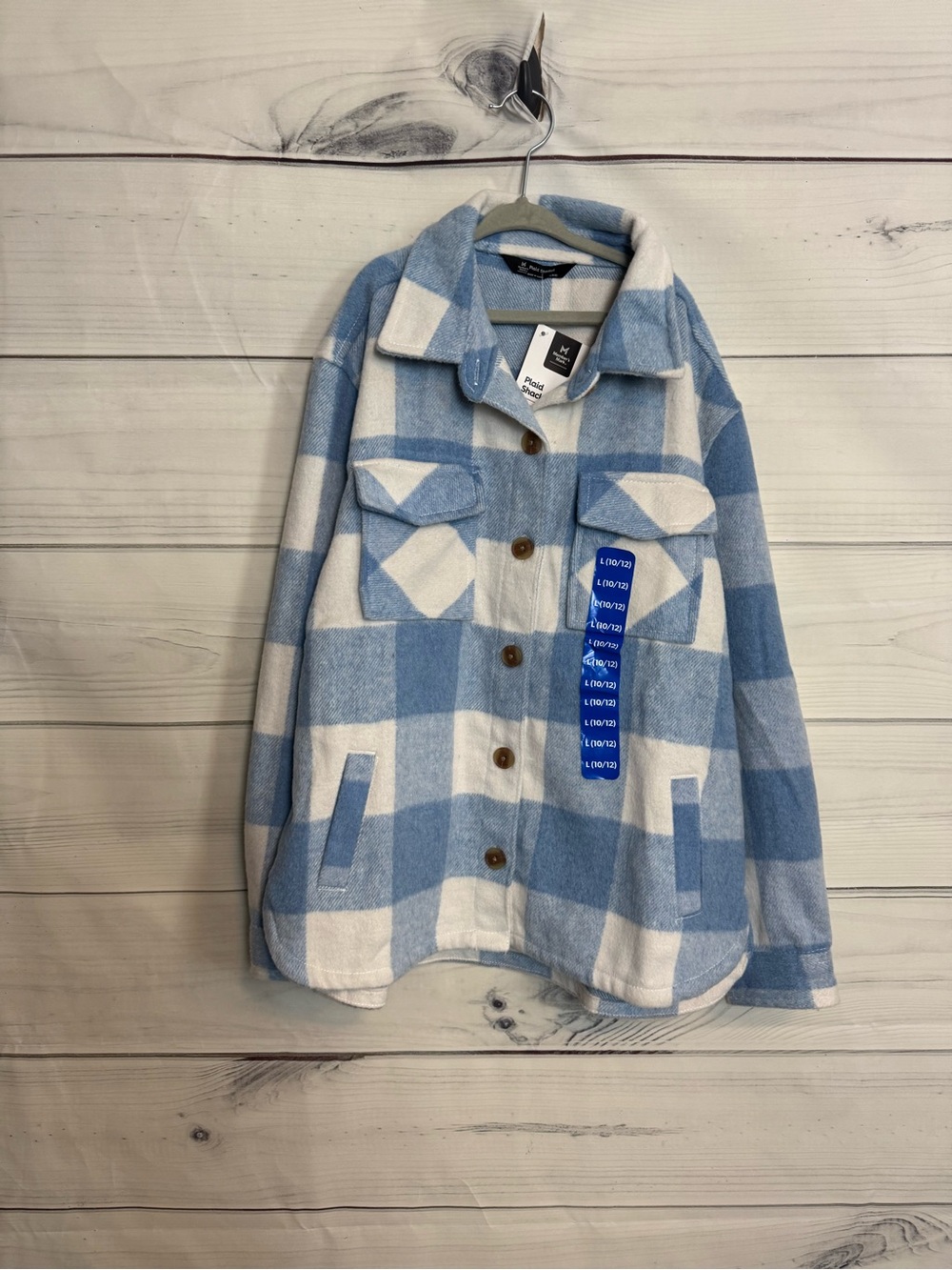 Member's Mark Plaid Shacket Jacket - Light Blue & White - Kids size 10/12 NWT